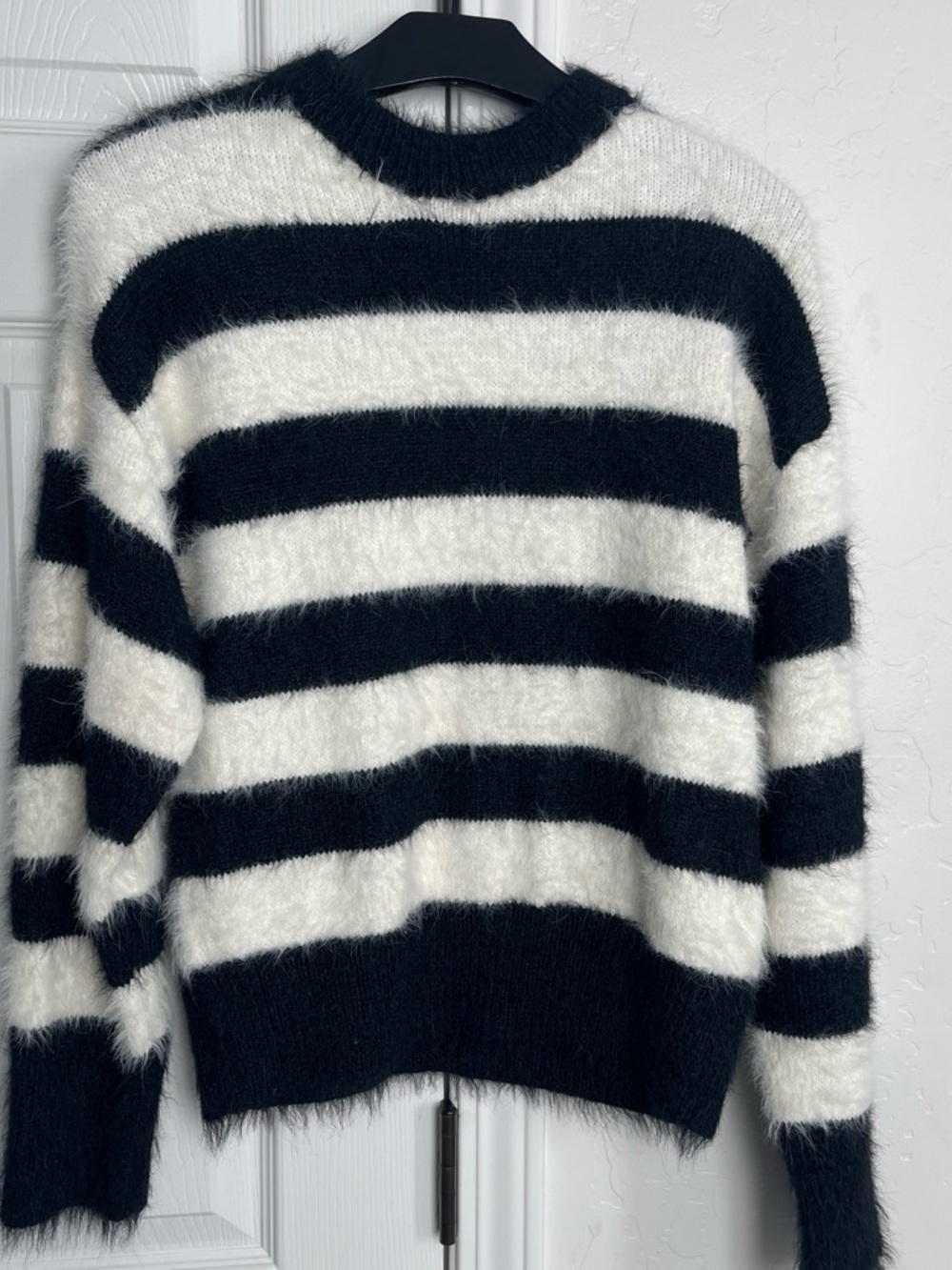 A New Day - women’s Black & White Fuzzy Striped Crewneck Sweater